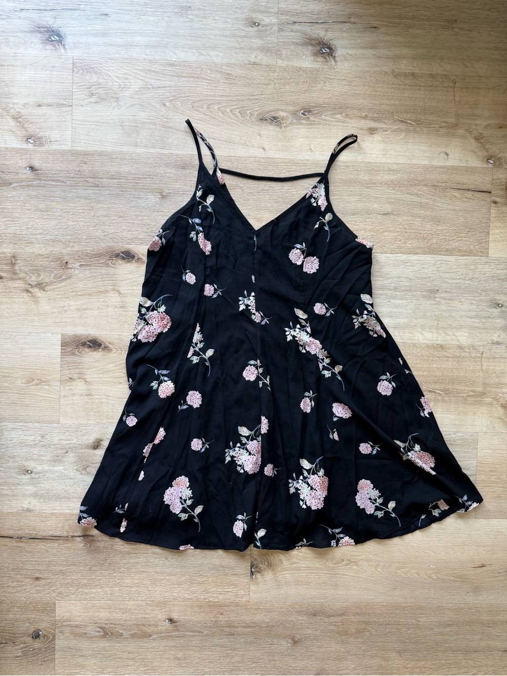 Lush Black Mini Slip Dress V-Dip Back with Pink Floral Contrasting Print